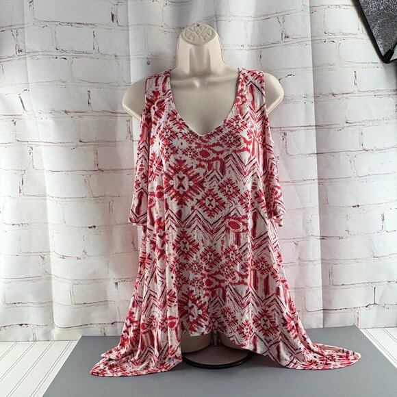 Front of Closet Orangish Red / White Open Shoulder Blouse / Top 2X - Picture 2 of 4